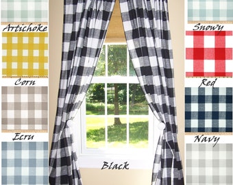 BUFFALO CHECK CURTAINS, 9 Colors,Black Curtains,Large Check Curtains, Buffalo Check,Pair Drapery Panels,24" Wide,52" Wide,Valance