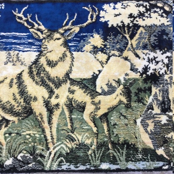 vintage WHITE STAG tapestry rug Rayon wall by AntiqueJewelrySupply