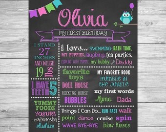 Owl Birthday Chalkboard of Favorite Things Poster Printable, Owl First Birthday Chalkboard, Owl Birthday