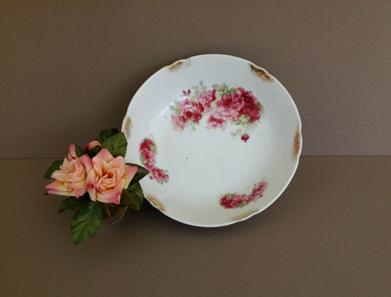 Shabby Vintage Rose Serving Bowl, Round China Bowl, Rose Garden Motif
