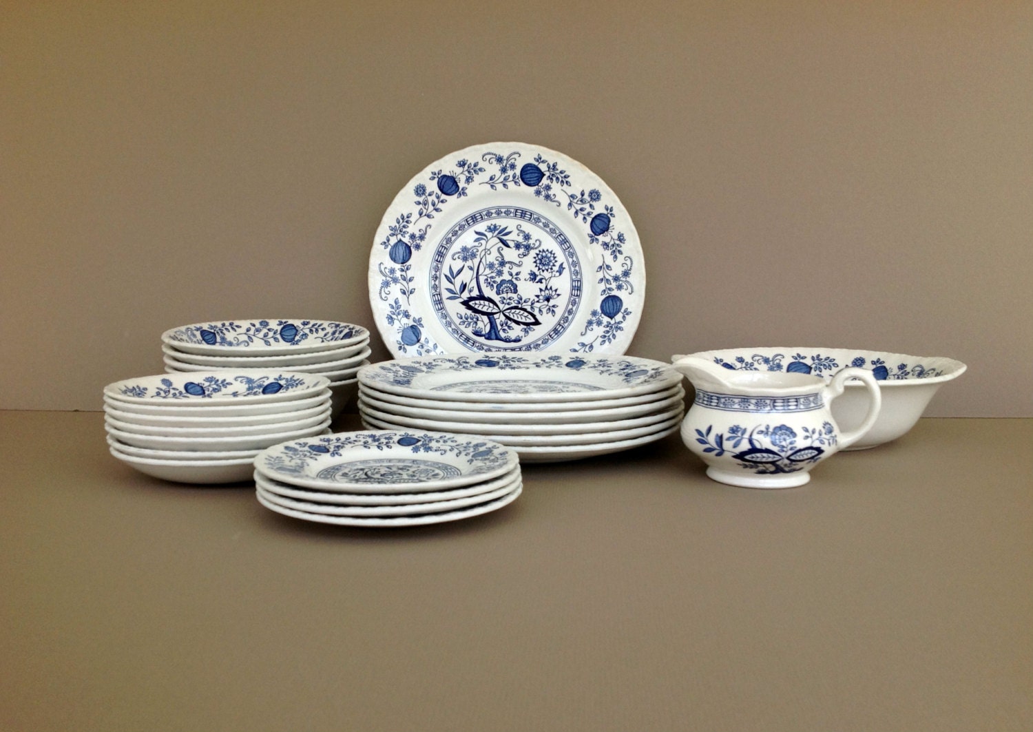 English 25 Piece Blue and White Dinnerware Set Vintage Blue