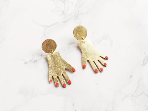 Handmade gold and red leather hand earrings