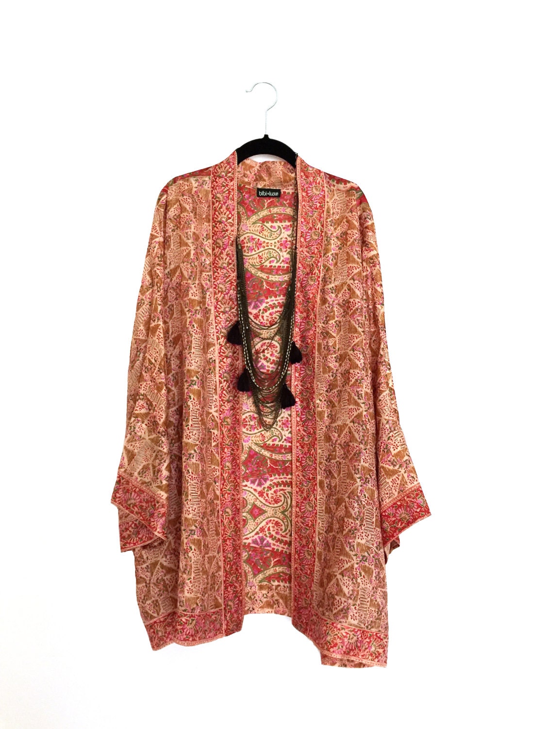 Silk Kimono jacket oversized in gold and red with indian