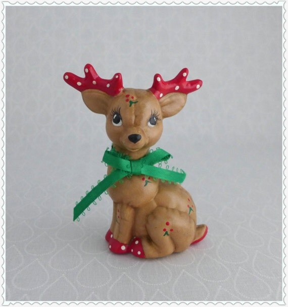 vintage deer figure handmade ceramic brown deer red white vintage deer figure handmade ceramic brown deer red white