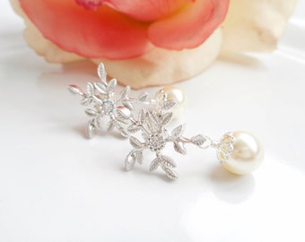 FREE US Shipping Swarovski Pearl Bridal Earrings Pearl And Leafy Branch Bridal Earrings Bridal Jewelry Pearl And Snowflake Bridal Earrings