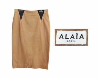 80s AZZEDINE ALAIA skirt, brown black pencil skirt, French designer high waist secretary skirt L XL / Jupe crayon marron années 80 42