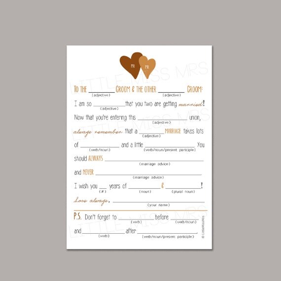 Two Grooms // Printable Mad-lib Wedding Advice cards for the Grooms-to-be (brown/gold)