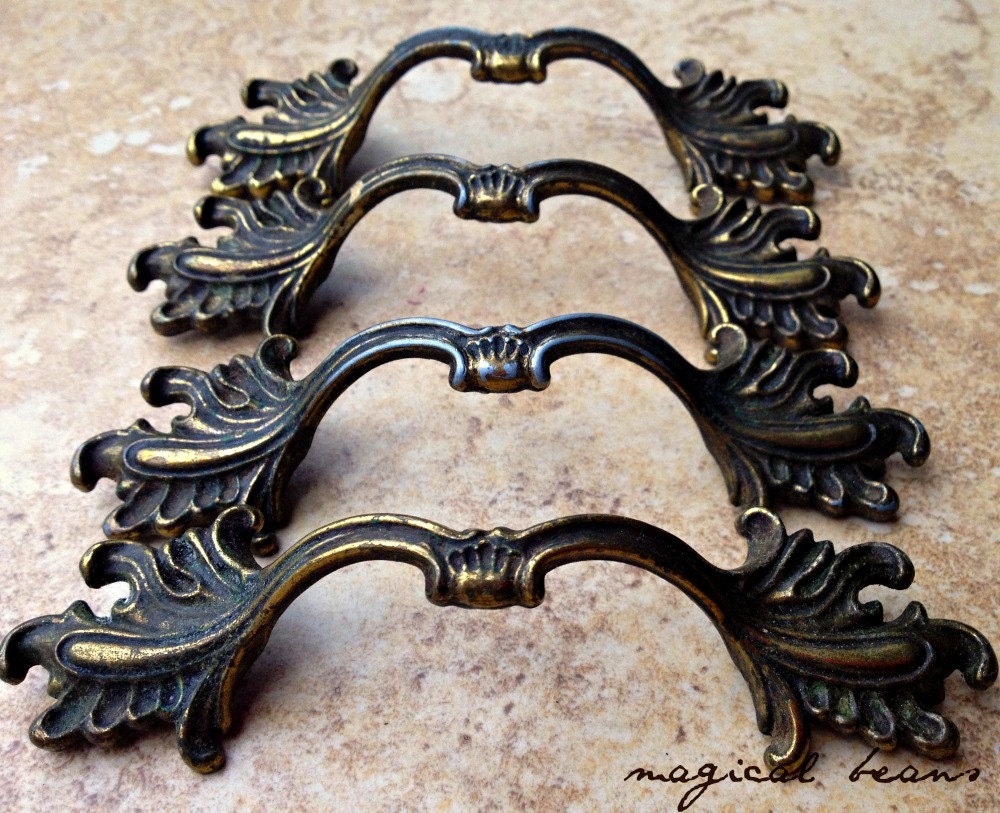 Small French Provincial Antique Brass Pull 4 and 3/4 Inches Vintage