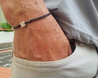 Adjustable men's bracelet, black cord bracelet for men, silver tiny cube charm, black bracelet for men, gift for him, men's jewelry, mC029