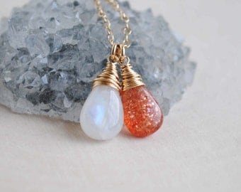 Moonstone Sunstone Necklace, Sunstone Moonstone Jewelry, Gemstone Duo Necklace