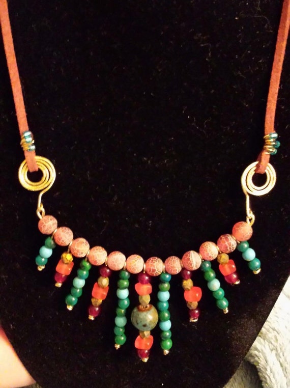 Handmade Navajo influenced gemstone mixed media bib necklace