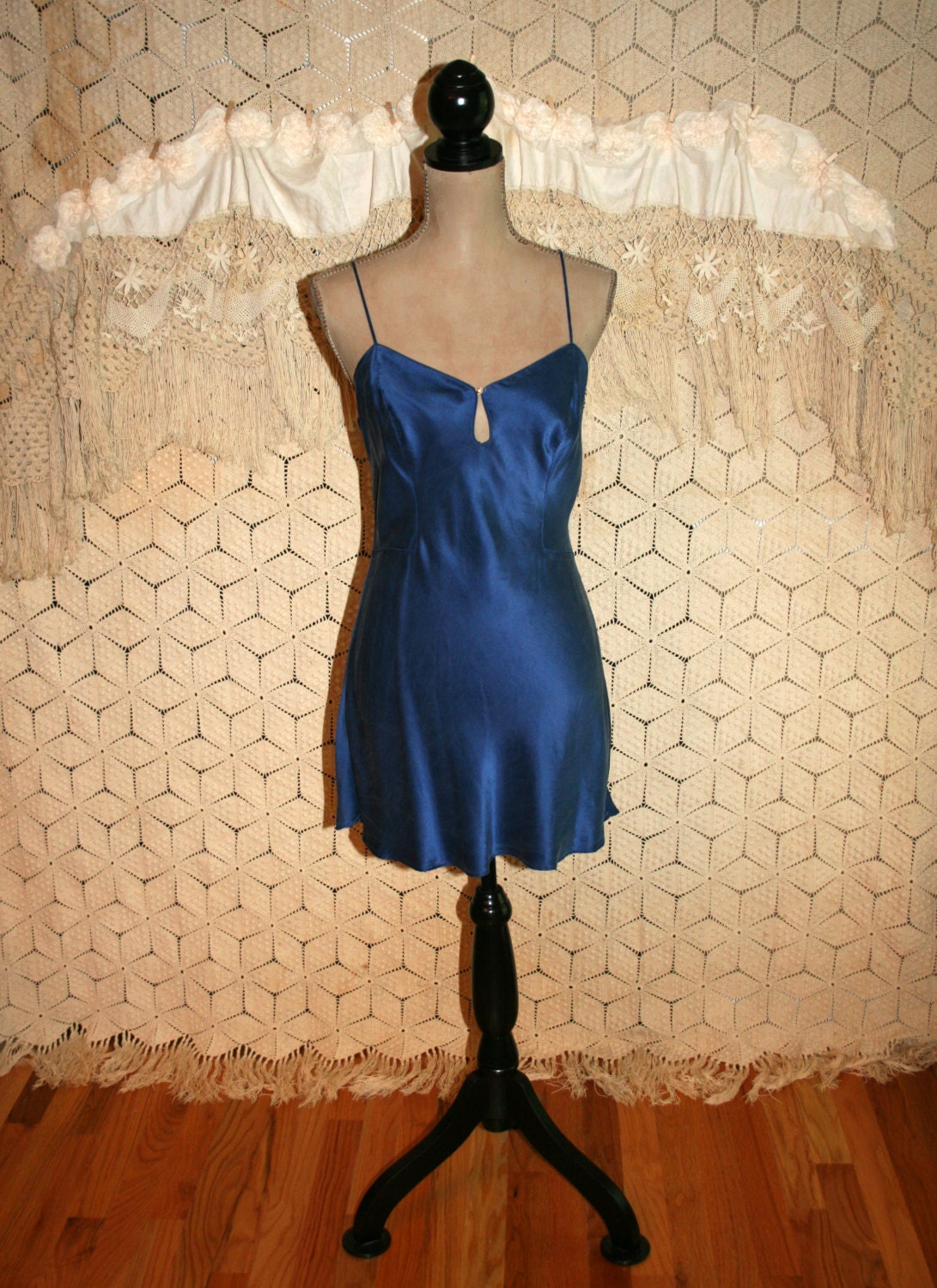 Dark Blue Silk Nightie Babydoll Spaghetti Straps Victorias