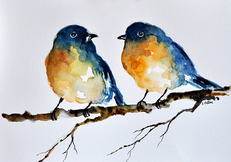 ORIGINAL Watercolor Bird Painting Blue Birds On a by ArtCornerShop