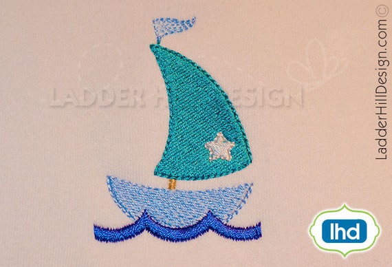 Mini Sailboat in Water Machine Embroidery by ladderhilldesign