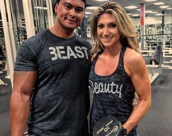 Beauty beast, beauty-and-the-beast-shirt, beauty beast shirts, couples shirts, boyfriend girlfriend shirts. Working out shirts. Couples.
