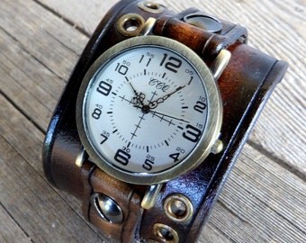 Unisex leather watch, Dark brown leather cuff, Bracelet watch, Leather watch cuff, Men's watch, Women's watch,