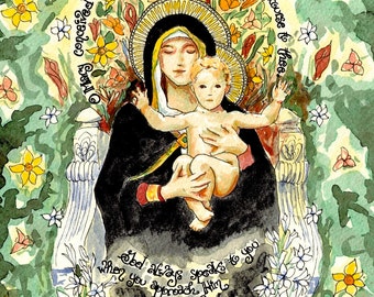 Our Lady of the Lilies Watercolor, Catholic Art Print with Miraculous Medal Prayer, St Catherine Laboure, Madonna and Child, 11x14 8x10 5x7