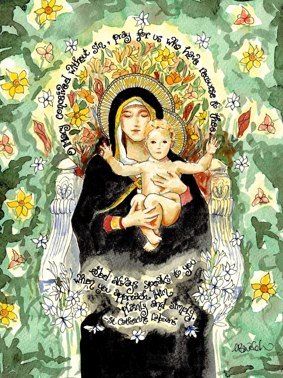 Our Lady of the Lilies Watercolor Catholic Art Print with