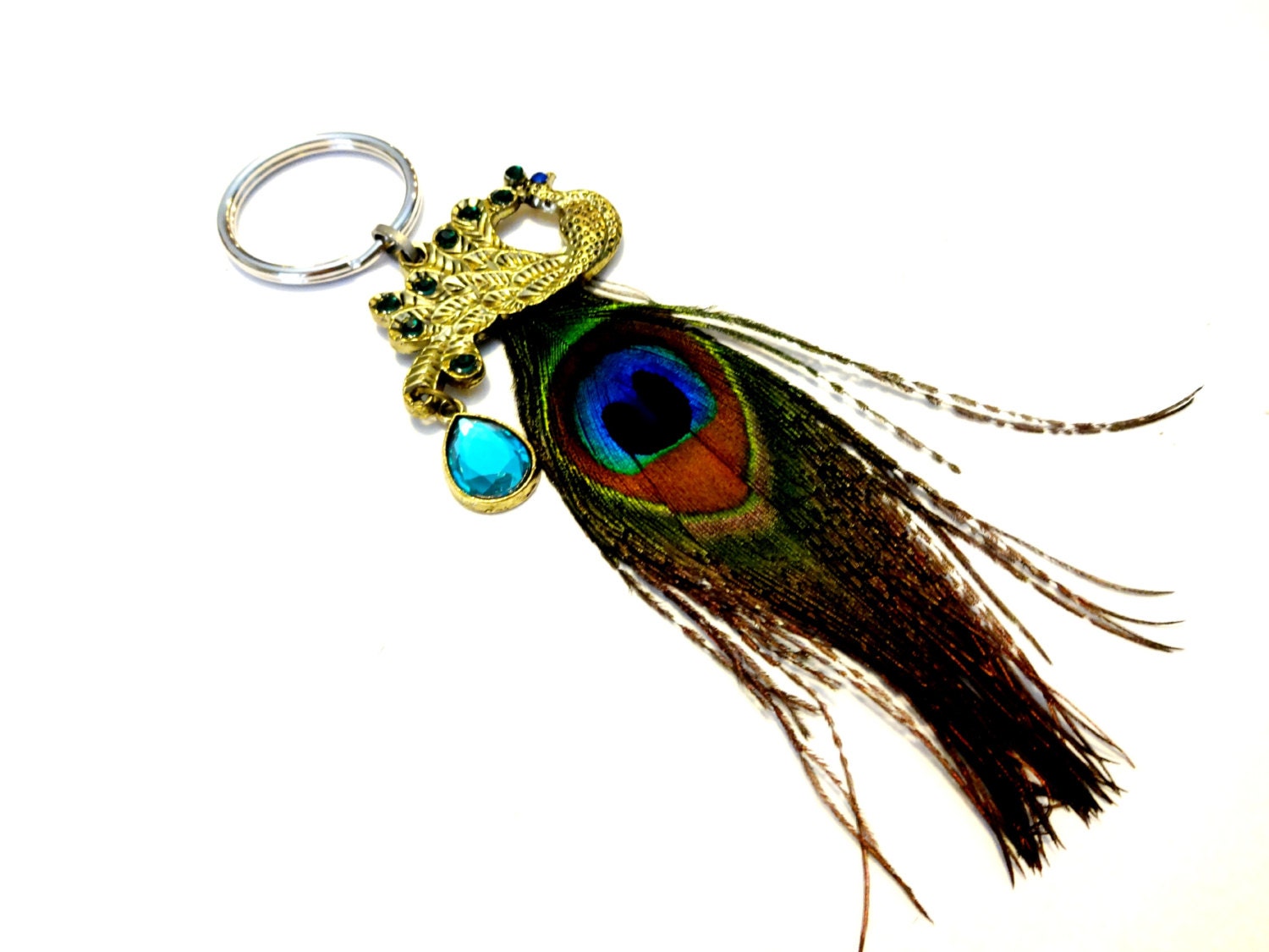 Peacock Feather Keychain Brass Key Ring Peacock by YoursTrulli