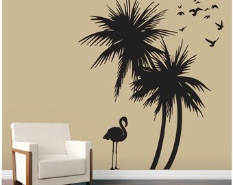 Palm Trees Wall Decal with Flamingo and Birds Wall Decal "Leaning to the left" Art Sticker Mural - FREE SHIPPING!