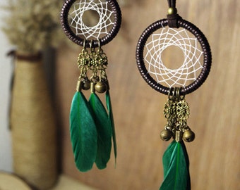 dream catcher earrings with navy blue feathers