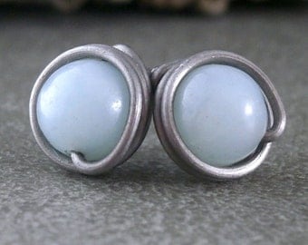 Wire Wrapped Earrings Amazonite Earrings Studs Pure Titanium Earrings Silver Wire Wrapped Jewelry Amazonite Jewelry Hypoallergenic Studs