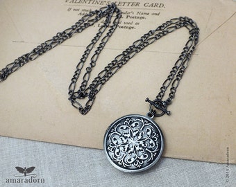 Gunmetal Victorian Locket Necklace, Ornate Locket with Figaro Chain, Antiqued Silver Locket Pendant, Vintage Style Necklace, Handmade UK