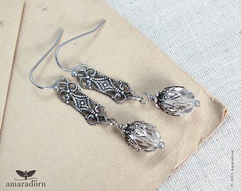Silver Art Deco Earrings, Silver Filigree Earrings, Edwardian Style Crystal Earrings, 1920's Ear Rings, Art Deco Jewellery, Handmade UK