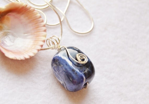 Sodalite necklace, chunky pendant, wire wrapped stone, blue gemstone