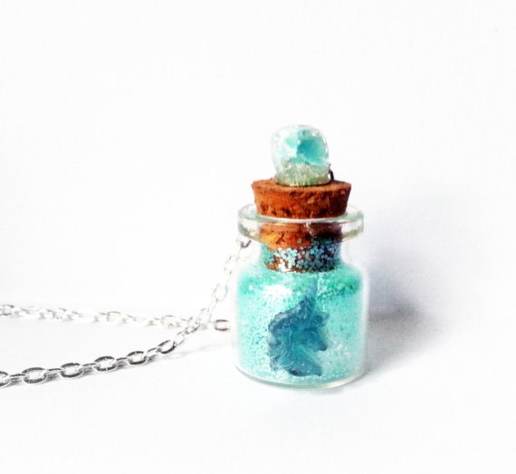 Unicorn Bottle Necklace Aqua Necklace by CrystalynsDreamery