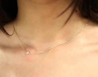 Birthstone Necklace - Simple Gold Necklace - Sideways Stone Necklace - Solitaire Necklace - Personalized Necklace - Tiny Gold Necklace