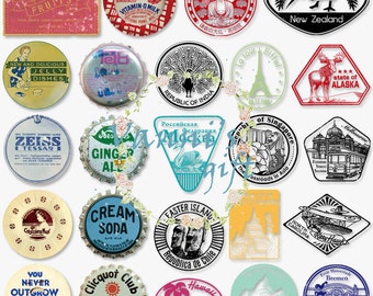 57 Vintage Trip Memento Logo Bottle Top Postal Stamp Digital Download Scrapbooking Clip Art c37