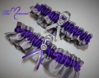 Silver and Purple Garter Set, Silver and Purple Garter Set, Ribbon Garter, Prom Garter, Silver Garter, Bridal Garter, Wedding Garter