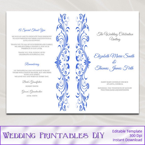 Royal Blue Silver Wedding Program Template by WeddingPrintablesDiy