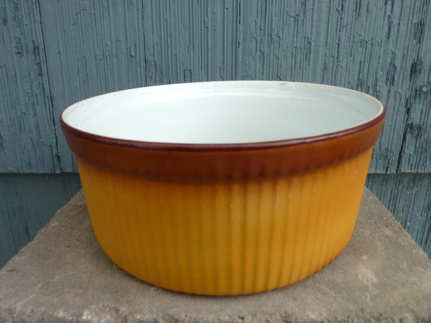 Vintage Apilco souffle dish, porcelain, Made in France, gold yellow