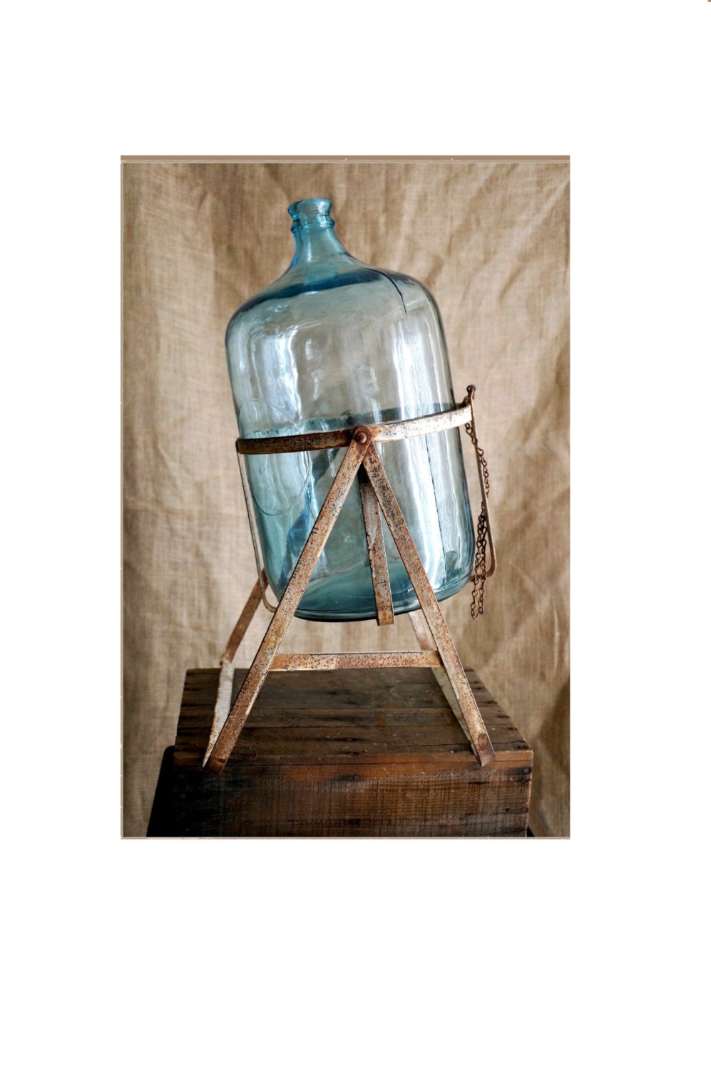 Five Gallon Glass Bottle And Metal Stand Blue Vintage Jug