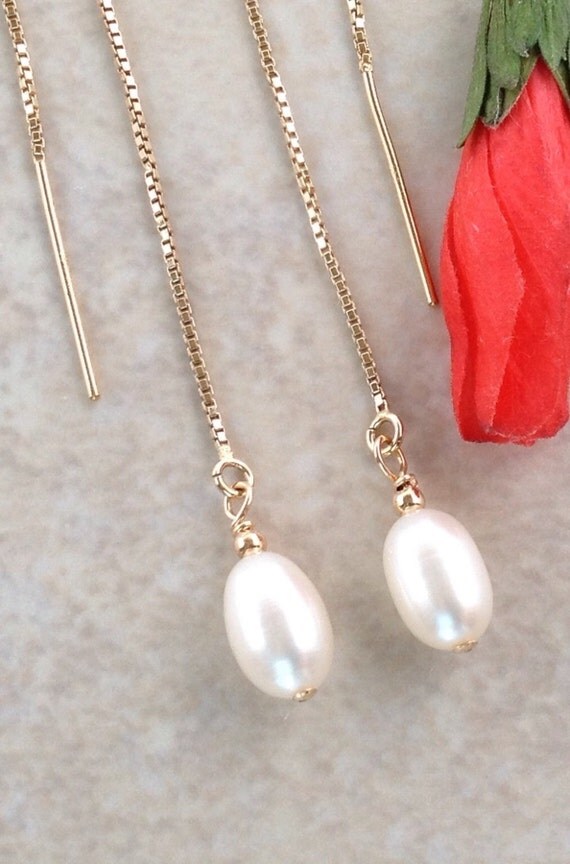 Gold Filled Threader Earrings with Freshwater Pearls 14k Gold
