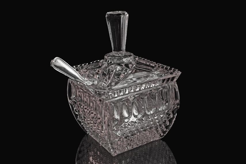 Cut Crystal Sugar Bowl Jelly or Jam Jar. Square with Lid and