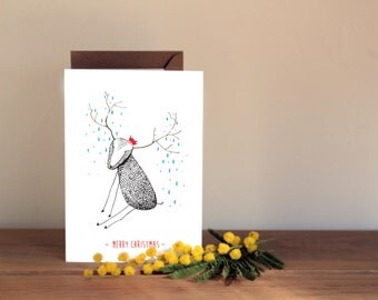 Cute Christmas Card - Hand drawn Reindeer with red hat - Holiday card, xmas card