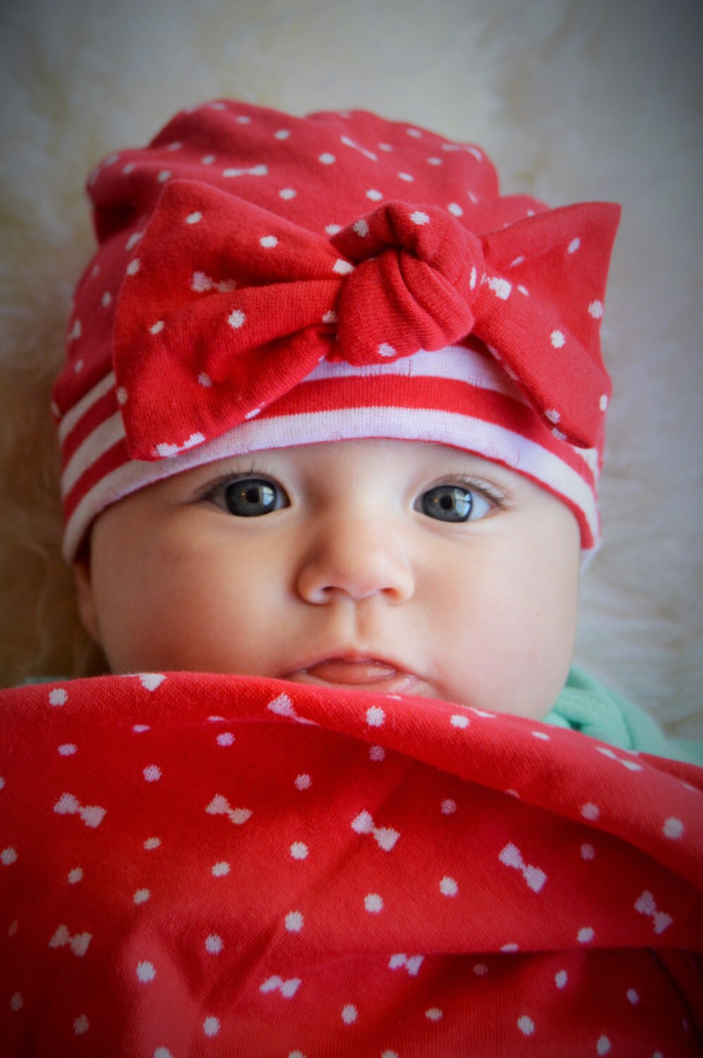 Red Bows and Stripes Reversible Swaddle Set. by JMCustomDesign