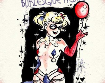 Harley Quinn A4 size Wall Art Print - Batman Joker Pin Up Illustration- Inspired by Burlesque, Rockabilly & Tattoo culture.