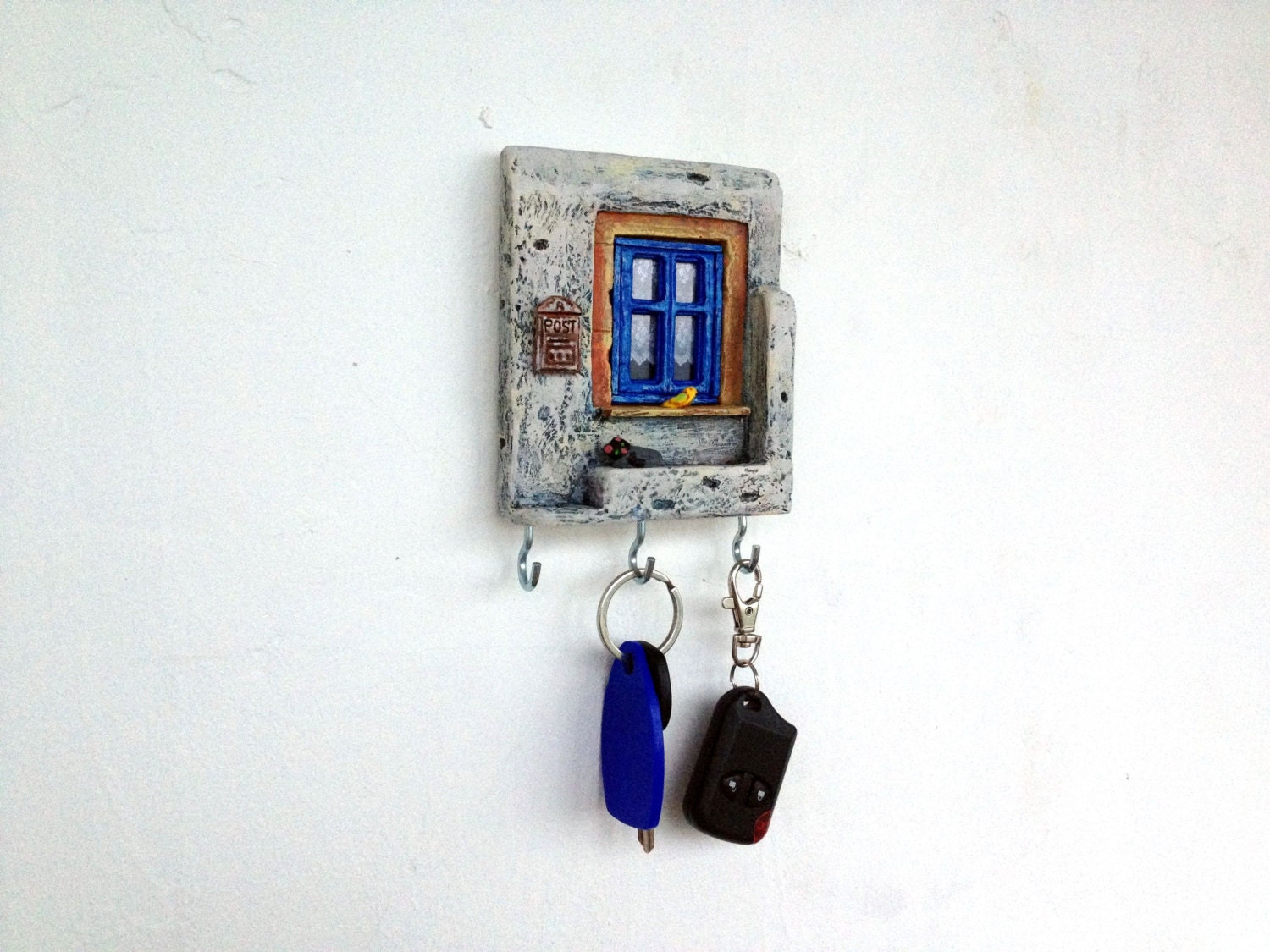 Wall Key Holder Miniature Ceramic Pottery House White Blue