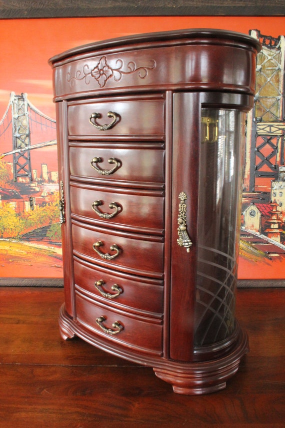 Vintage Wooden Jewelry Box 19 Inches Tall with Swing out