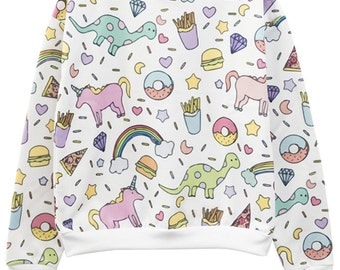 UNICORN SWEATER jumper top t shirt womens ladies girls top tumblr hipster grunge retro vtg indie boho swag goth full print rainbow burger