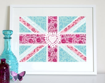 Union Jack floral patchwork flag (aqua), UK flag print, British flag print, English flag, English flag poster, British flag poster