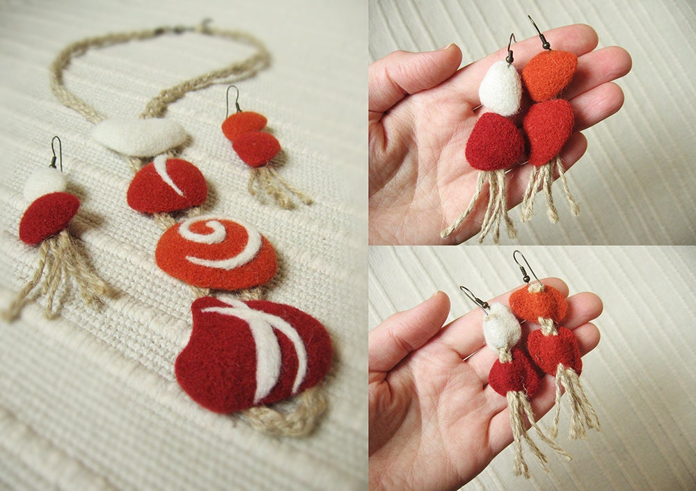 Africa needle felted set Earrings and Necklace by TreeFelterie