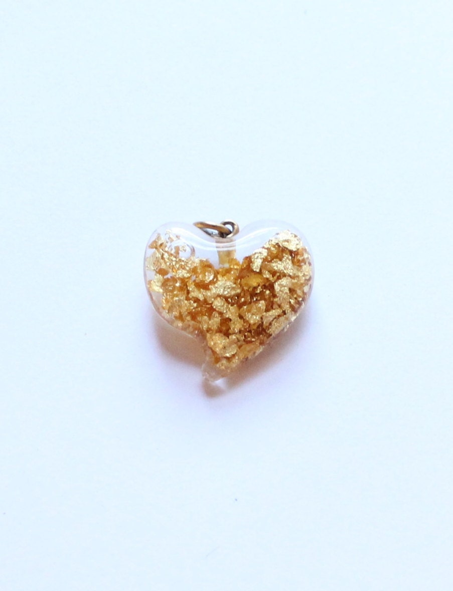 24K Gold Flake Glass Heart Pendant by paststore on Etsy