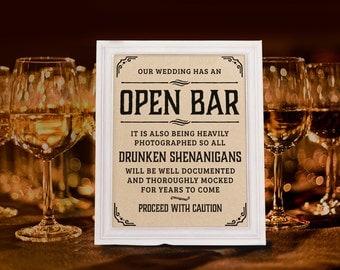 Wedding open bar sign. Rustic wedding decor. Wedding reception. Kraft paper printable wedding bar decorations. 16x20, 8x10, 5x7 prints