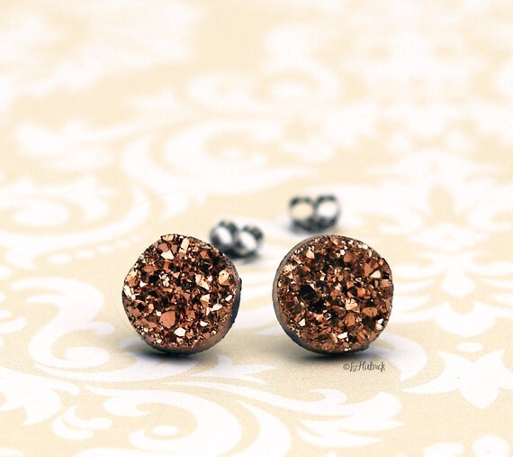 Faux Druzy Stud Earrings in Metallic Rose Gold Bronze Glitter