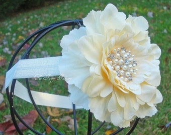 Ivory Flower Headband, Ivory Flower w/ Pearls & Crystals Headband or Hair Clip, The Eva, Baptism, Christening, Baby Child Girls Headband